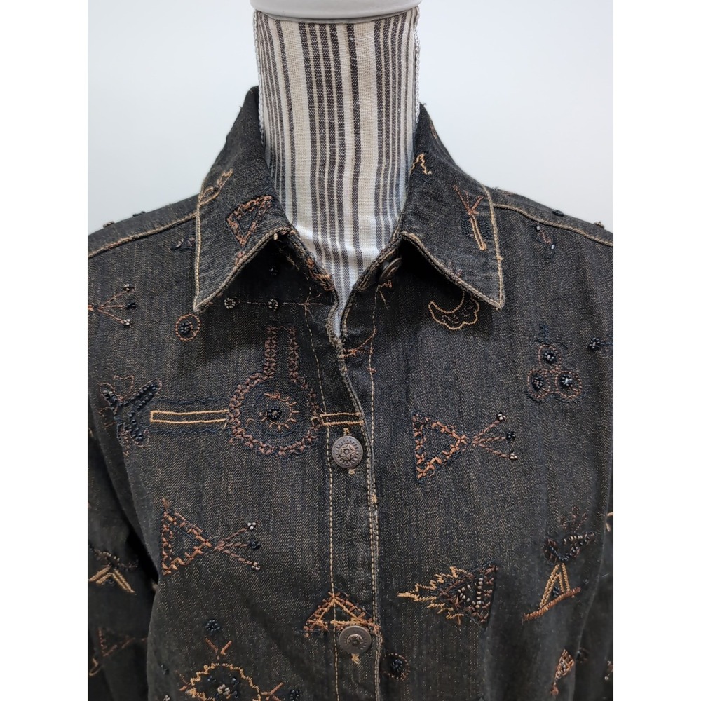 Chicos Jacket Womens 1 Black Embroidered Beaded Denim Southwestern Silk Lined - Picture 2 of 10